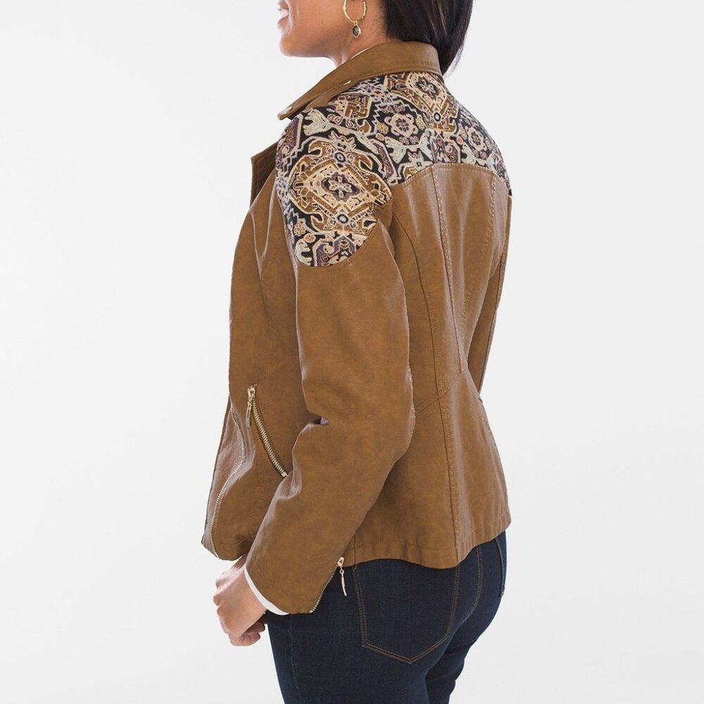 CHICO'S Faux-Leather Jacquard Moto Jacket Size 2/ 12 - Picture 2 of 9